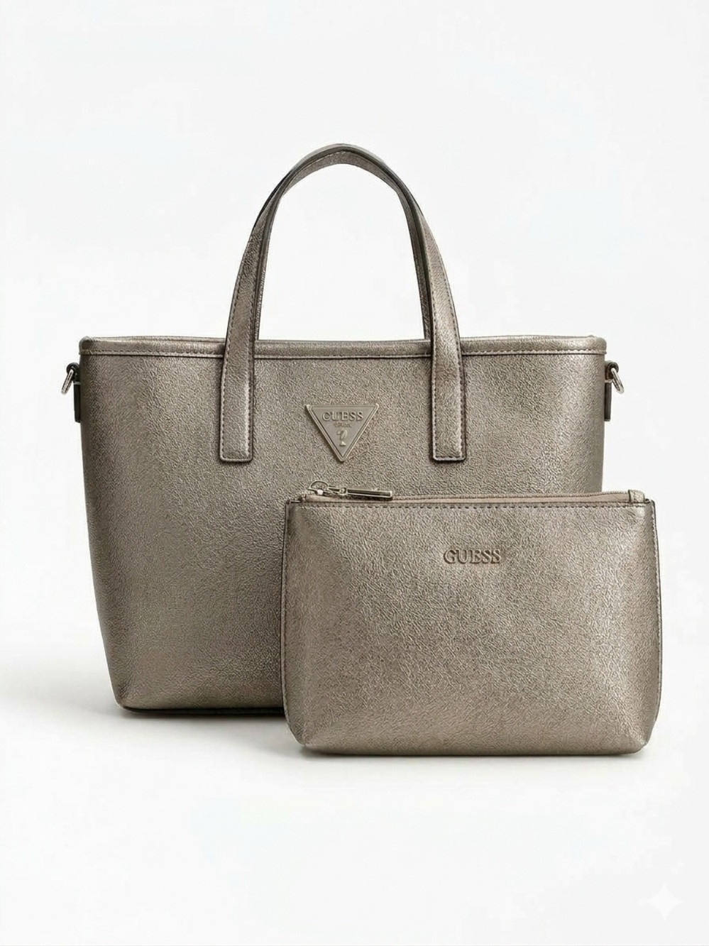 GUESS Metallic Pewter Tote with Matching Pouch